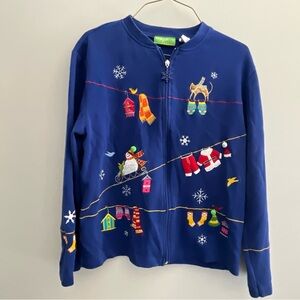 Vintage Women’s Onque Casuals Blue Christmas Sweater Jacket Medium